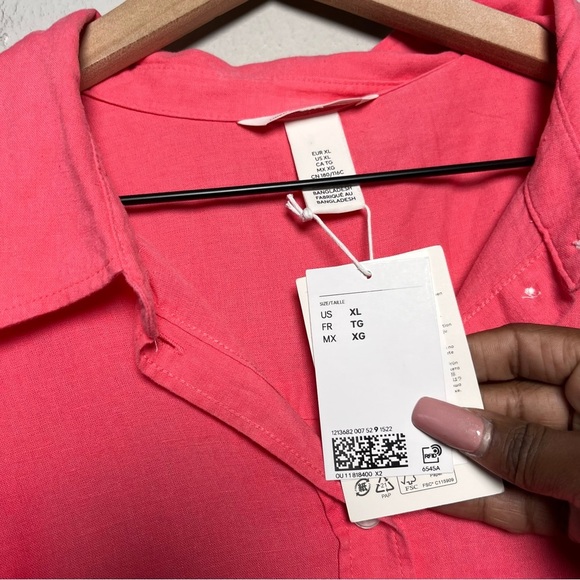 NEW H&M Women Linen Top XL Hot Pink Summer Coastal Lagenlook Button‎ Up Resort - Picture 6 of 10